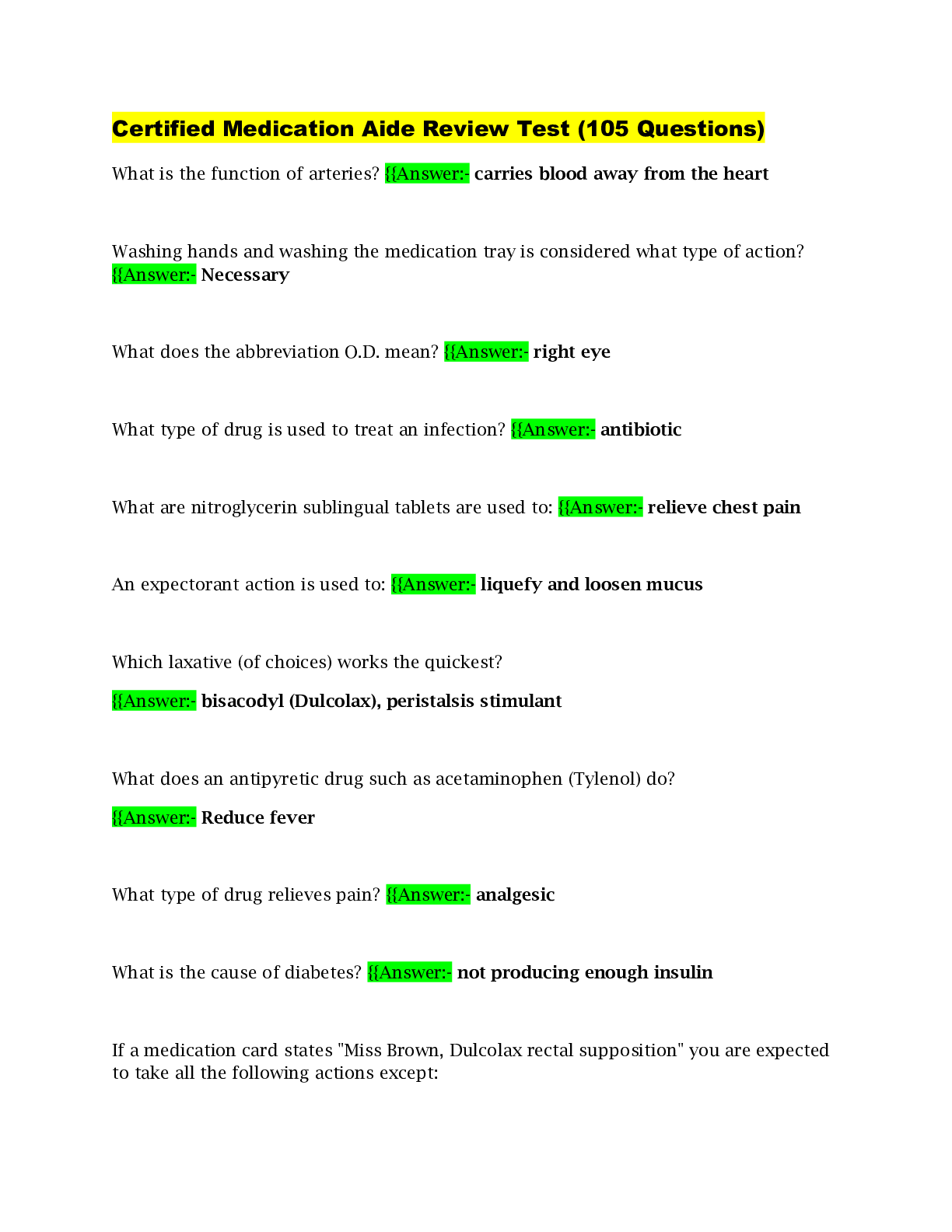 Preview image for Certified Medication Aide Review Test (105 Questions)